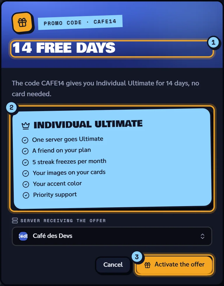 The window for a free-days code: the number of days (1), the plan and its perks (2), and the Activate the offer button (3). Promo code window for a free-days code, ready to be activated