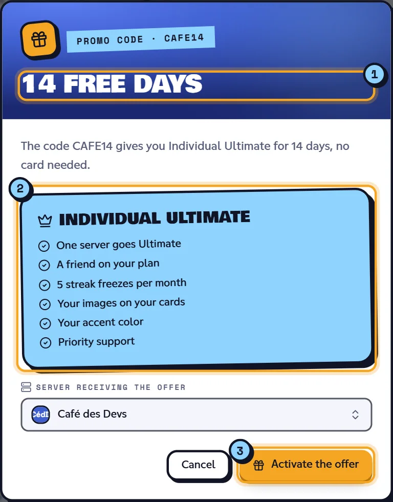 The window for a free-days code: the number of days (1), the plan and its perks (2), and the Activate the offer button (3). Promo code window for a free-days code, ready to be activated