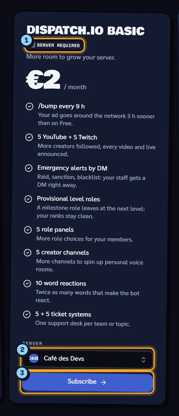 A server plan: the Server required badge (1), the server picker (2) and the Subscribe button (3). Dispatch.IO Basic plan card with the server picker