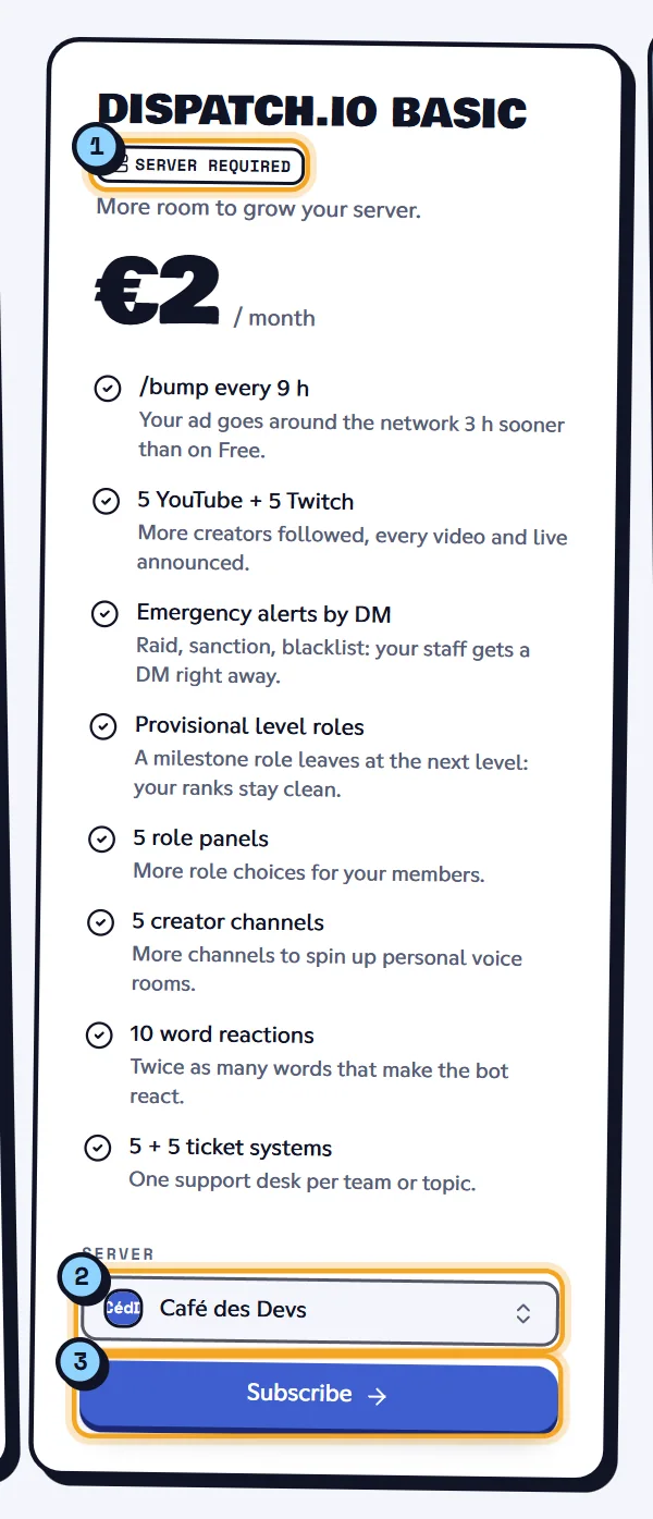 A server plan: the Server required badge (1), the server picker (2) and the Subscribe button (3). Dispatch.IO Basic plan card with the server picker