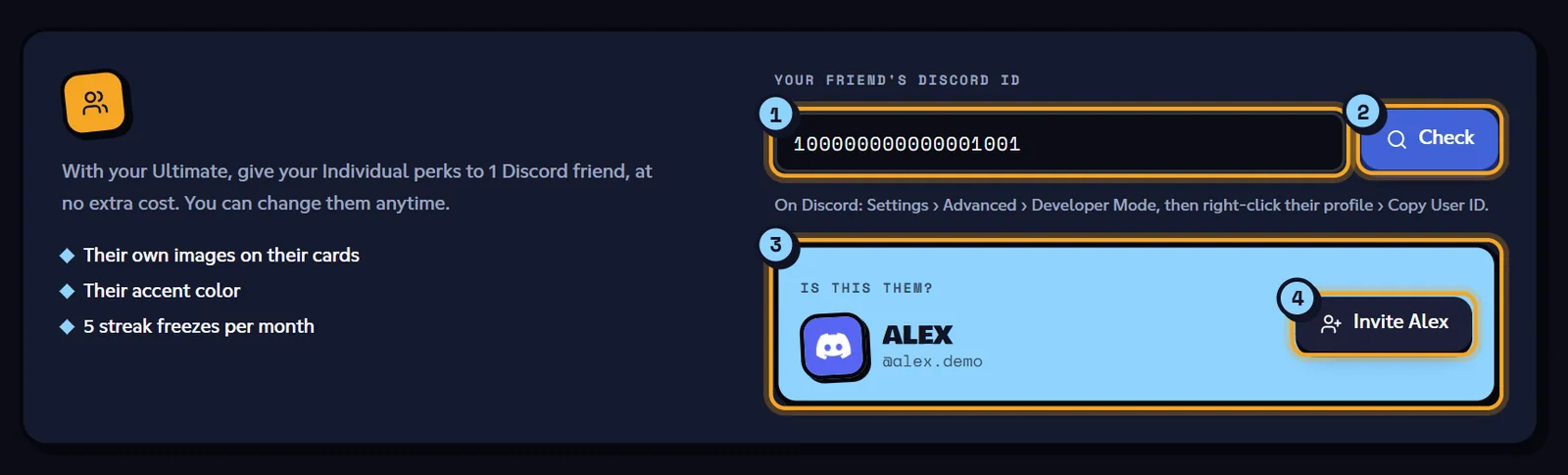 Invite a friend: the ID (1), the Check button (2), the profile confirmation (3) and the Invite button (4). Invite a friend card with Alex's profile to confirm