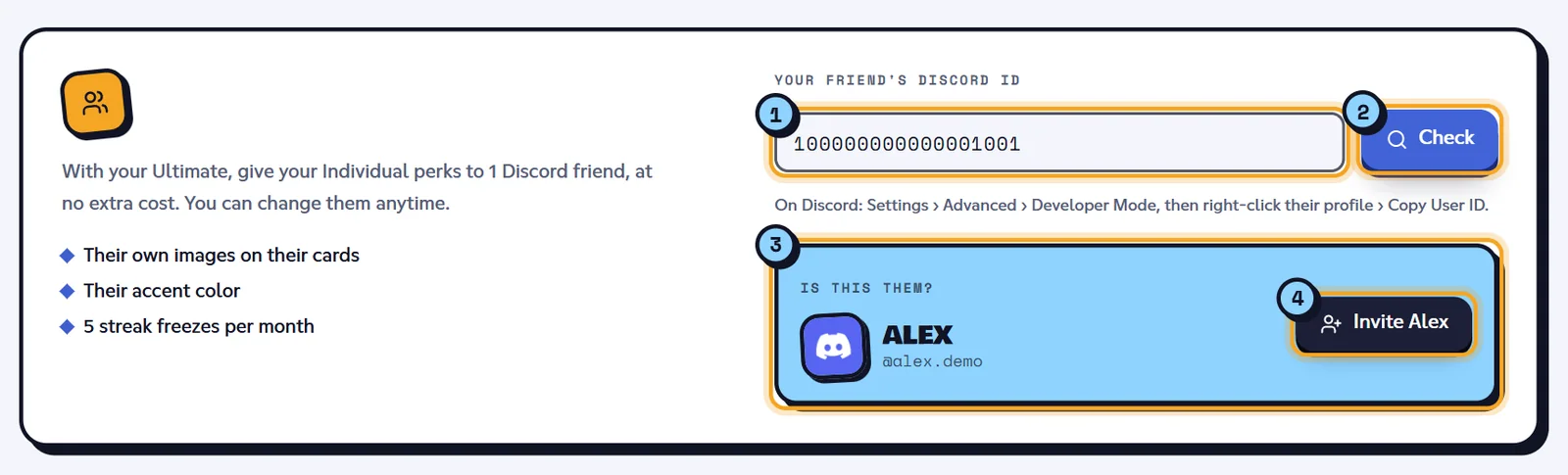 Invite a friend: the ID (1), the Check button (2), the profile confirmation (3) and the Invite button (4). Invite a friend card with Alex's profile to confirm