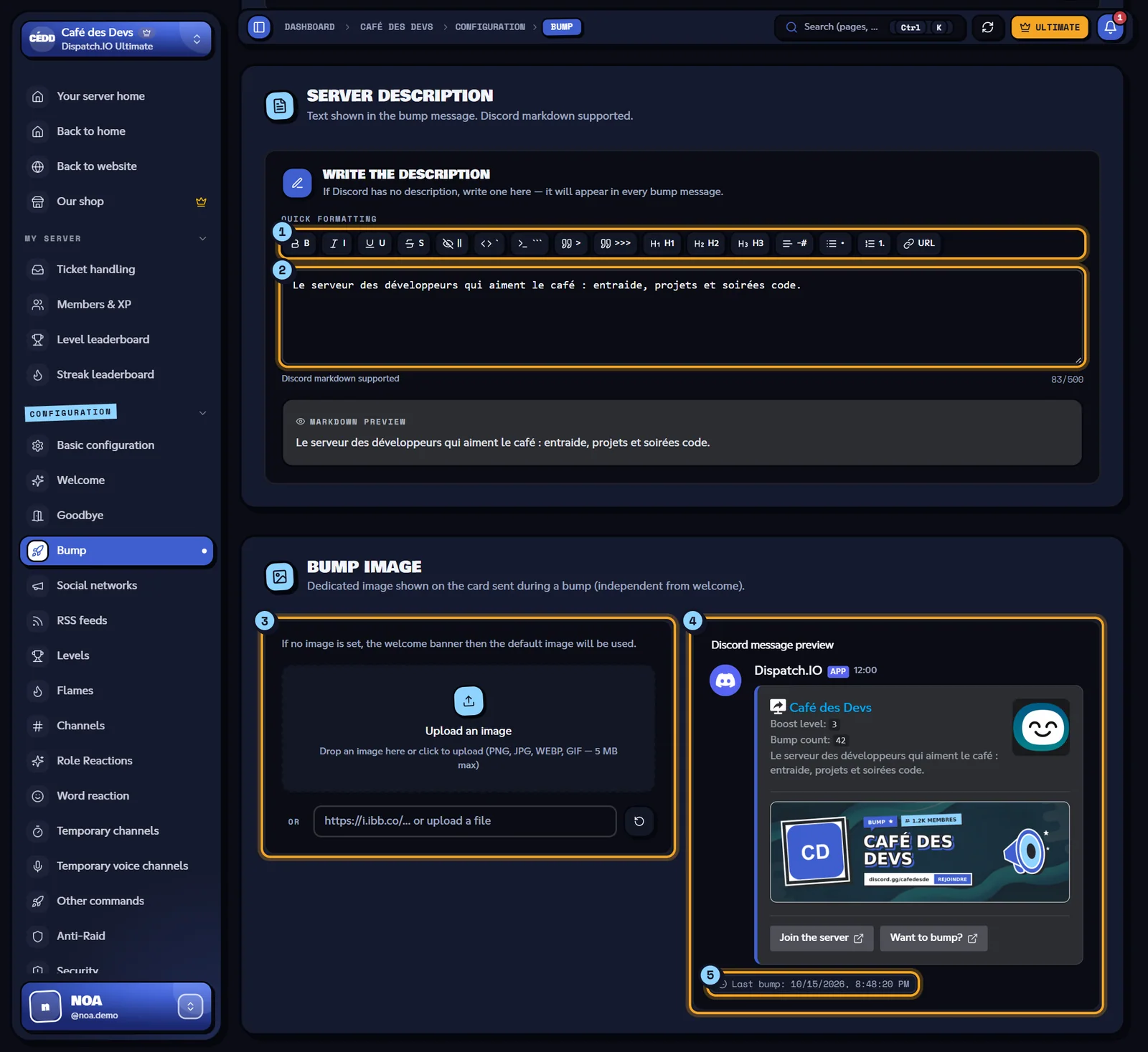 The description, the image and the bump preview. Server description, bump image and Discord message preview