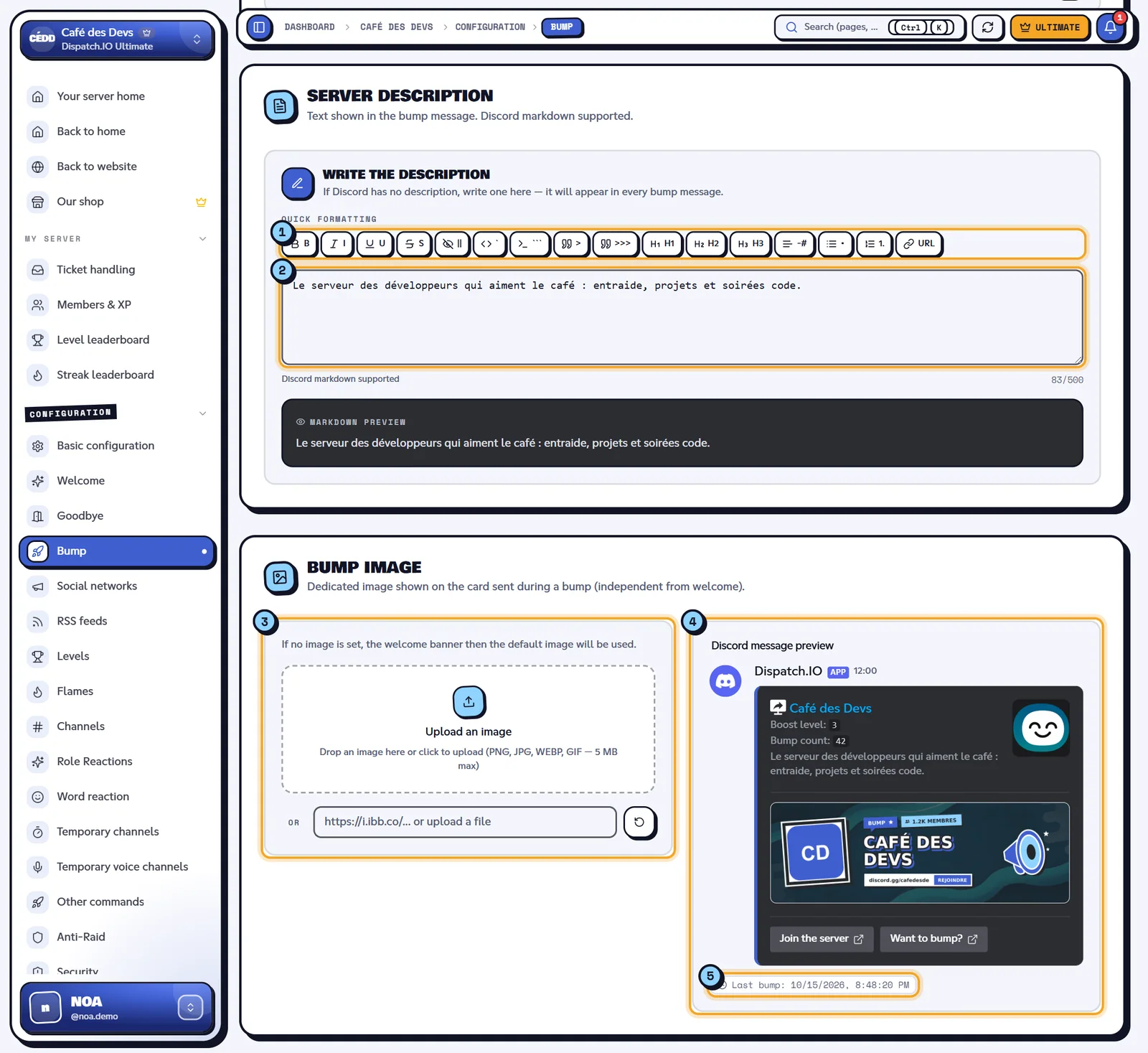 The description, the image and the bump preview. Server description, bump image and Discord message preview