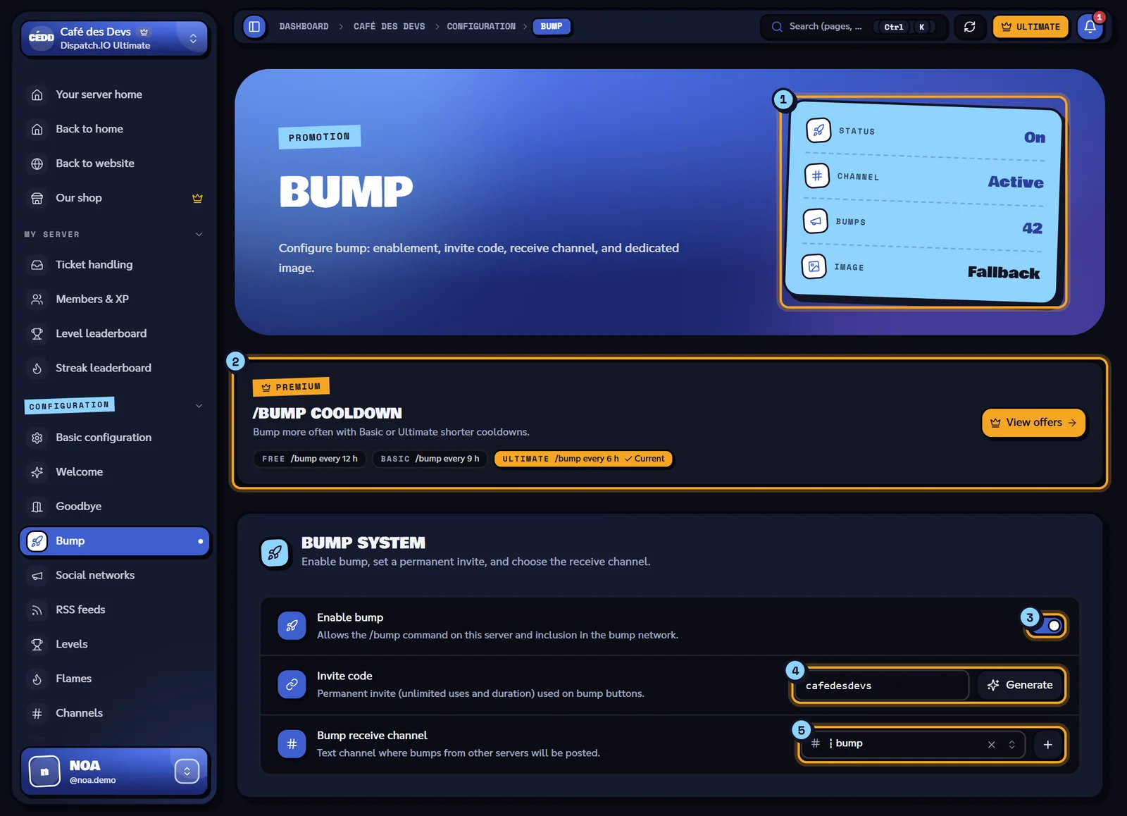The Bump page of the Café des Devs server. Bump page with the indicators, the /bump cooldown banner and the bump system