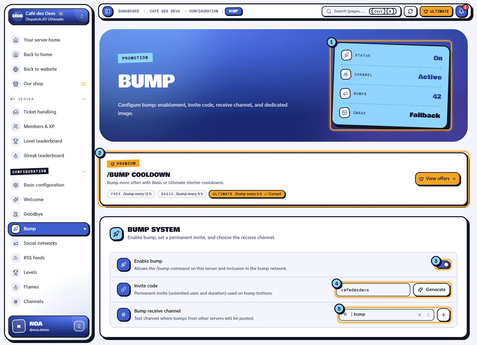 The Bump page of the Café des Devs server. Bump page with the indicators, the /bump cooldown banner and the bump system