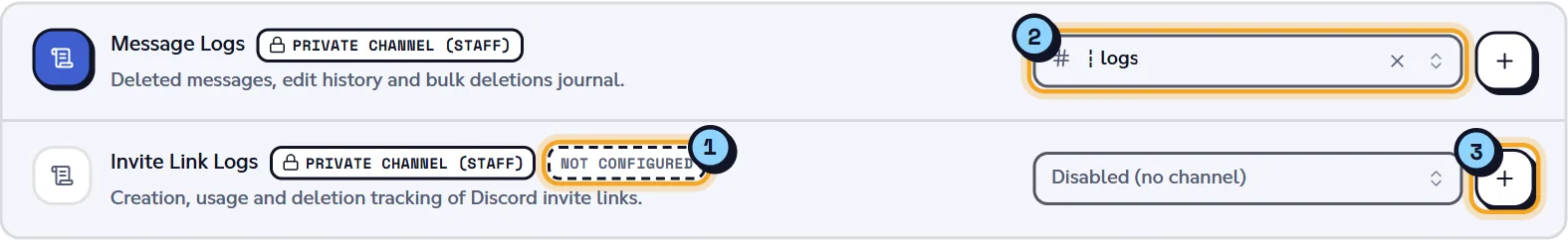 A configured row and an "Unconfigured" row with its + button. Two rows of the Channels page: a configured channel and an unconfigured type with the + button