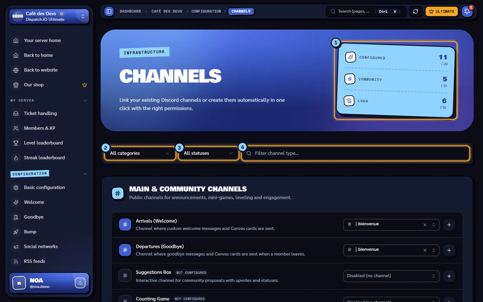 The Channels page of the Devs Cafe server. Channels page with indicators, filters, and the first channel types