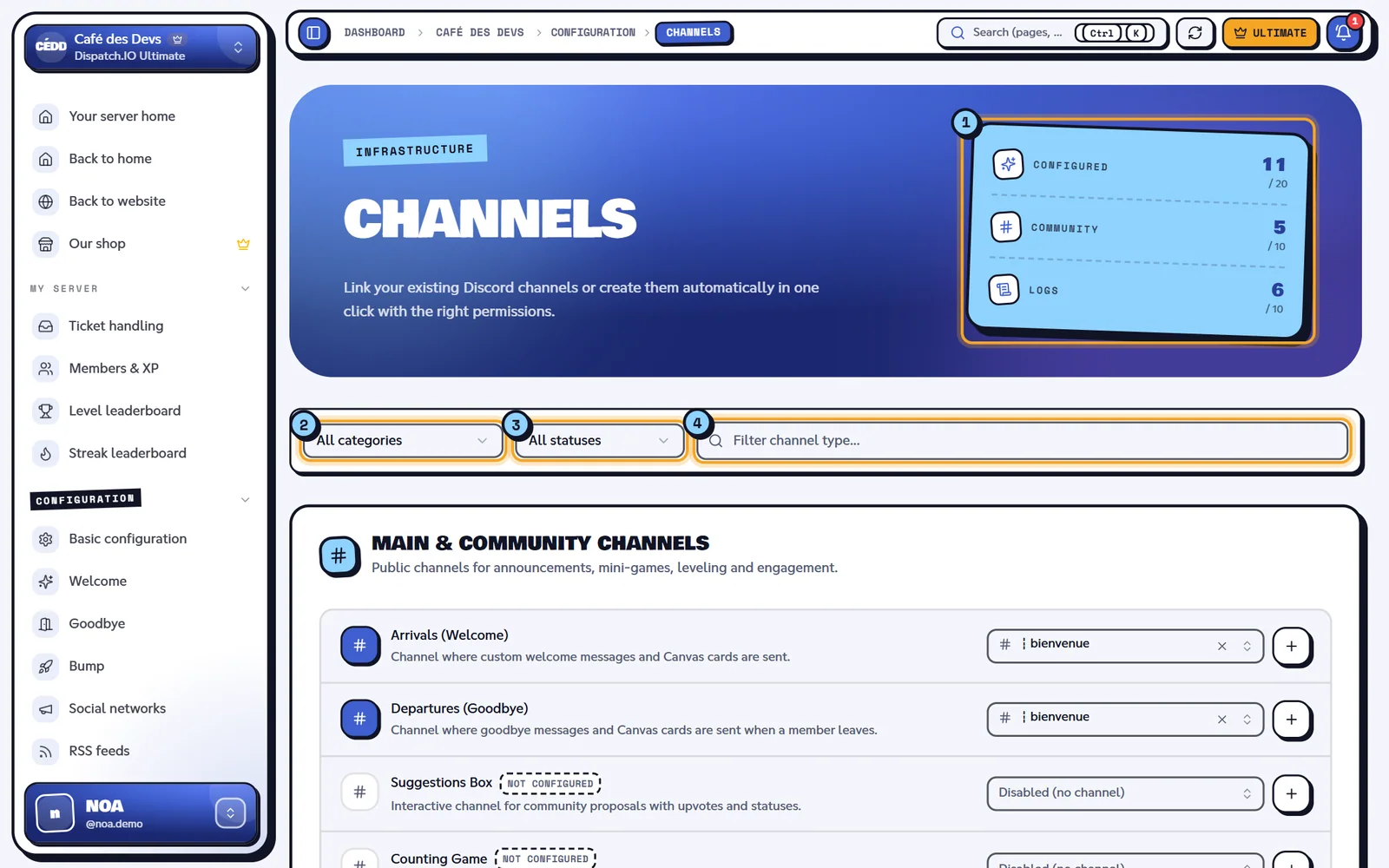 The Channels page of the Devs Cafe server. Channels page with indicators, filters, and the first channel types