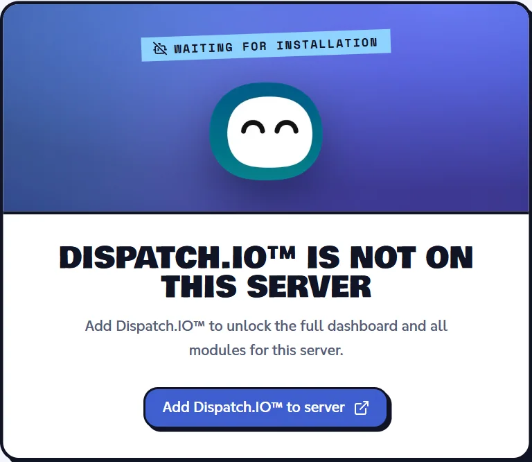 A server without the bot: the button opens the Discord invite. The "Dispatch.IO™ is not on this server" card with the Add Dispatch.IO™ to server button