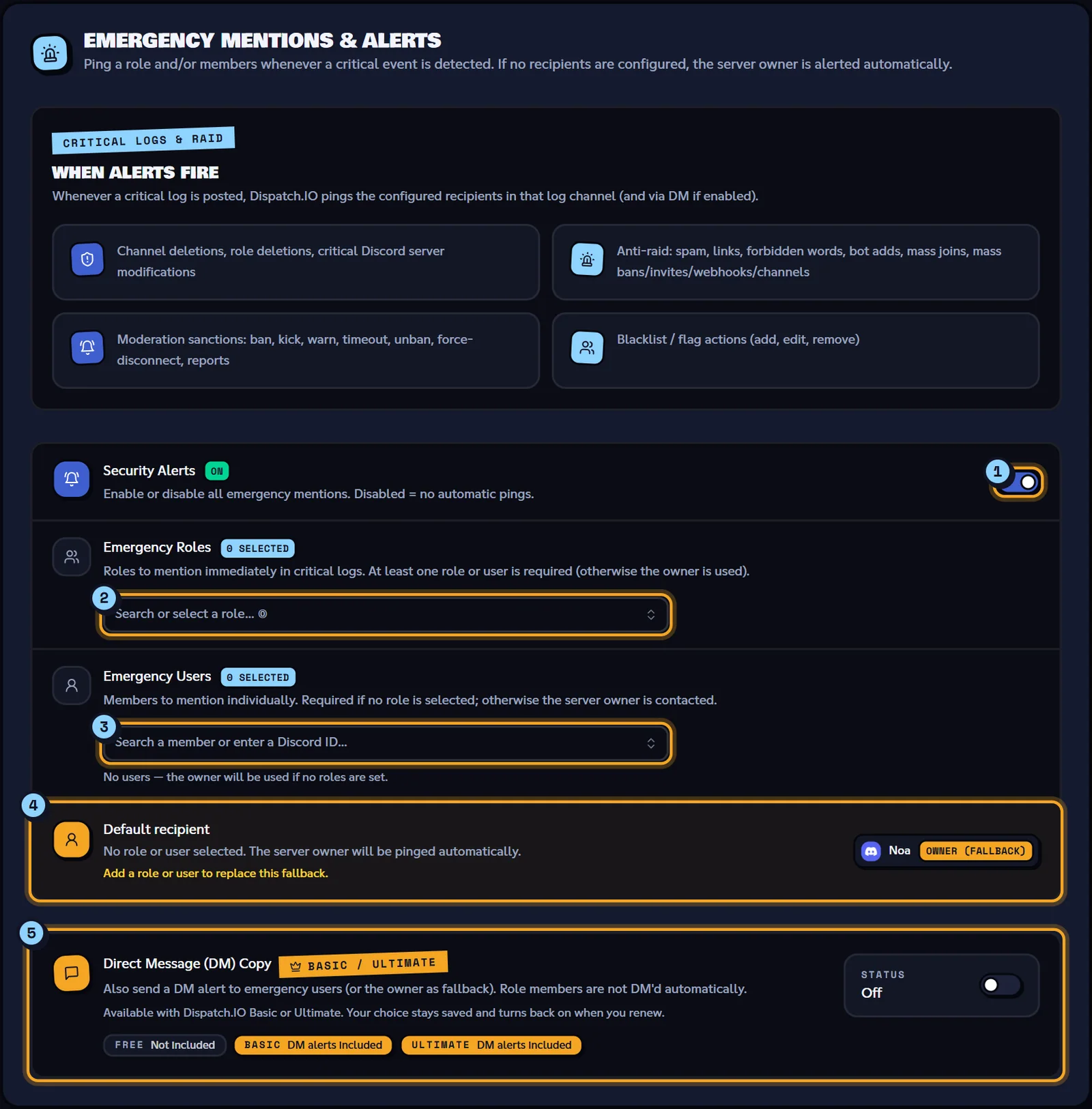No recipient selected: the server owner is warned by default. Emergency Mentions & Alerts block with roles, users and the DM copy