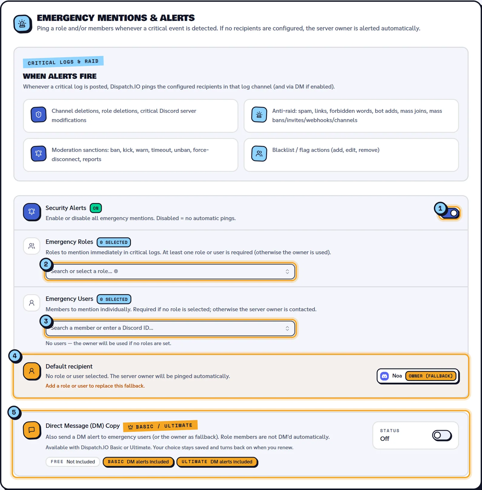 No recipient selected: the server owner is warned by default. Emergency Mentions & Alerts block with roles, users and the DM copy