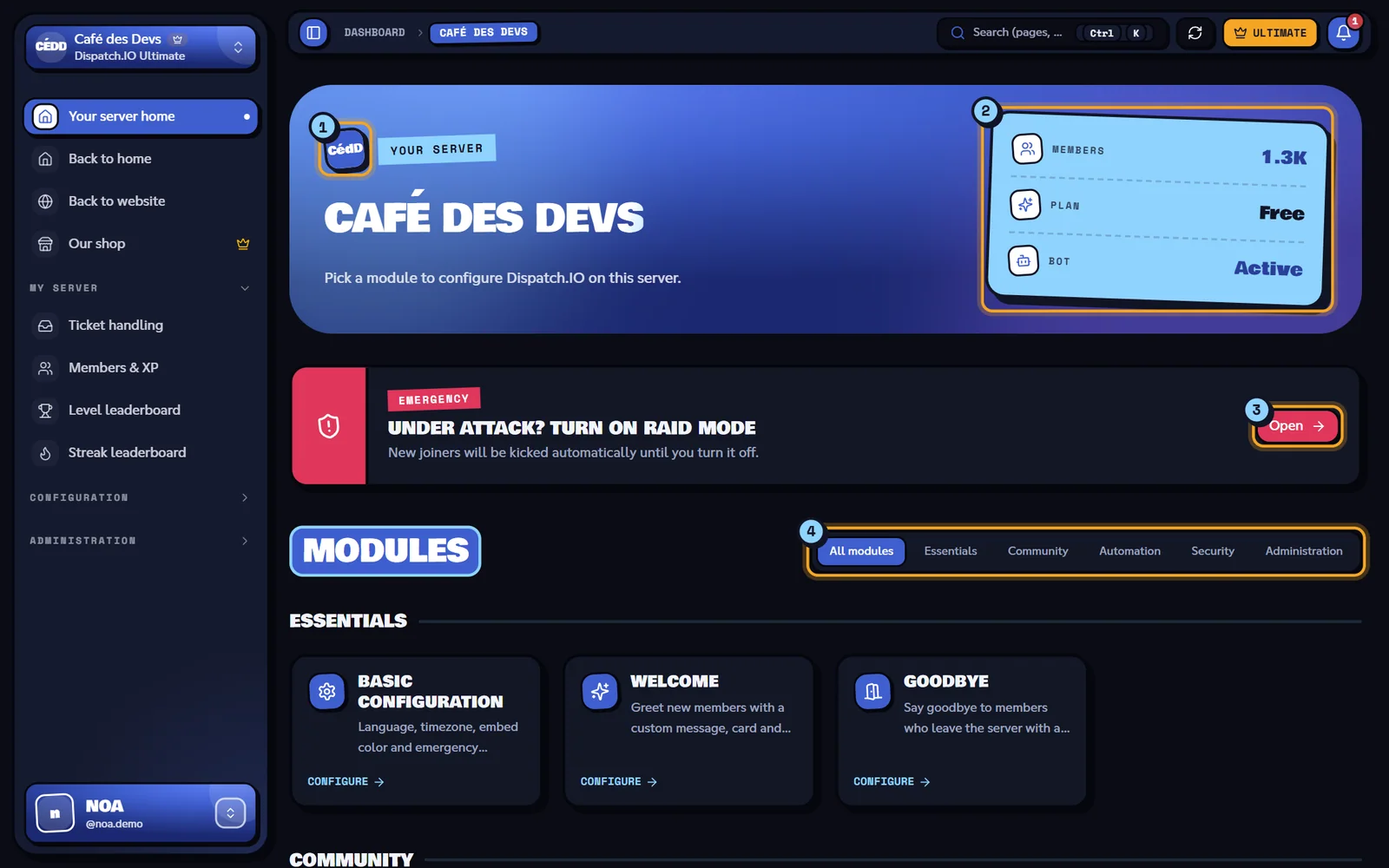A server's home on the dashboard: each tile opens a module's page. Home of the Café des Devs server on the dashboard, with the modules