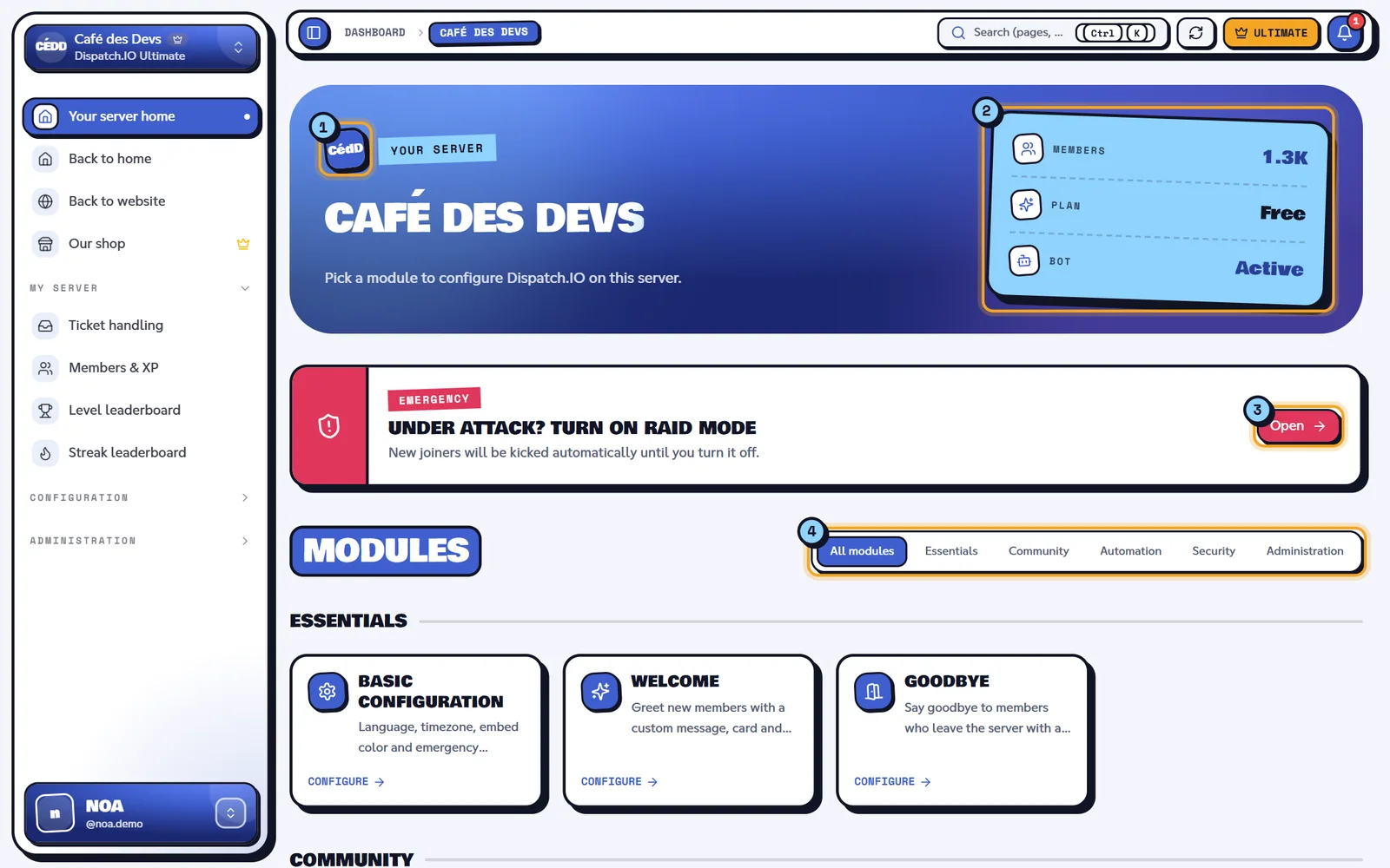 A server's home on the dashboard: each tile opens a module's page. Home of the Café des Devs server on the dashboard, with the modules