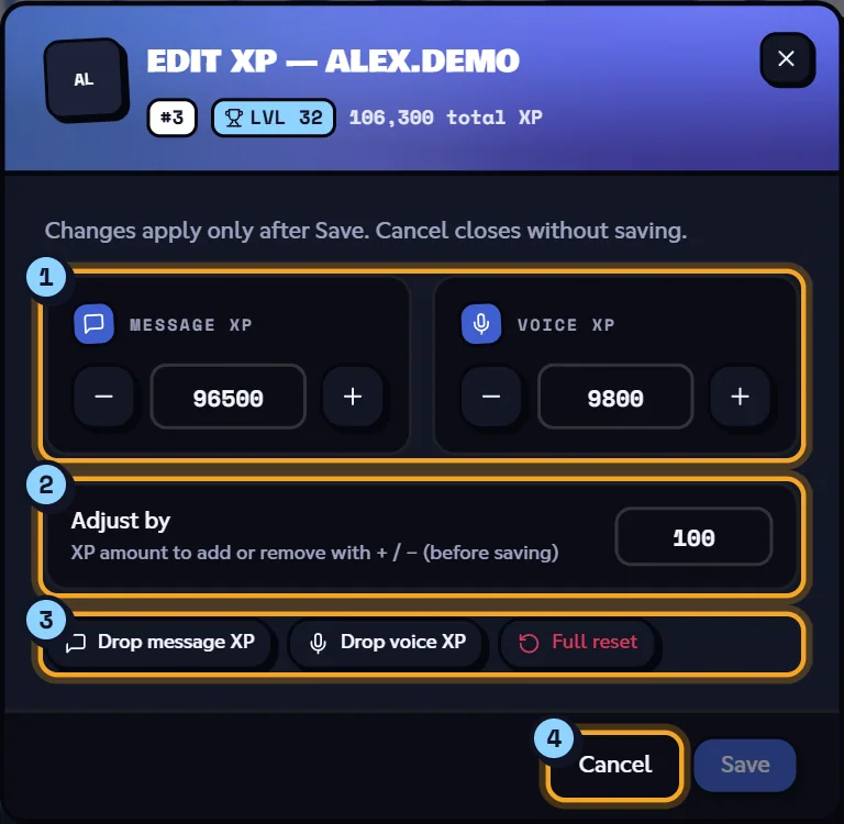 Editing Alex's XP. Edit XP window with message XP, voice XP and the reset buttons