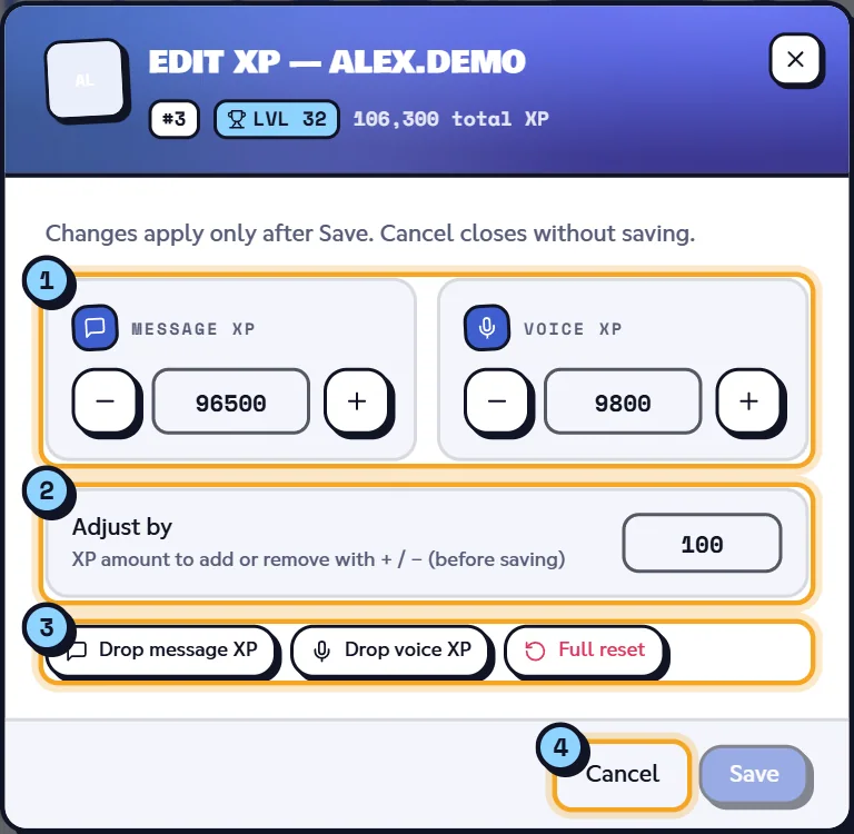 Editing Alex's XP. Edit XP window with message XP, voice XP and the reset buttons