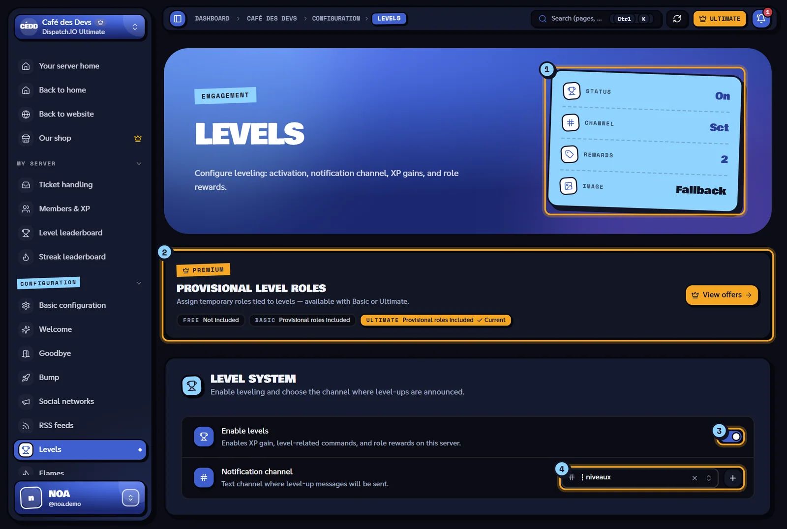 The Levels page of the Café des Devs server. Levels page with the indicators, the premium banner and the level system
