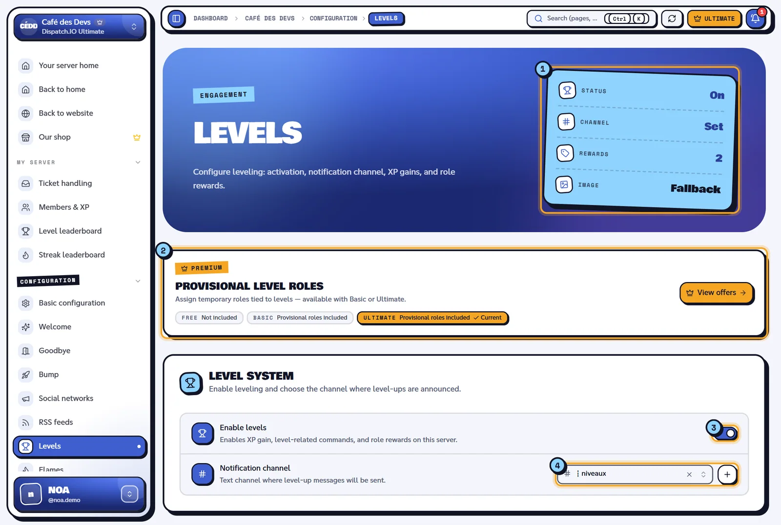The Levels page of the Café des Devs server. Levels page with the indicators, the premium banner and the level system