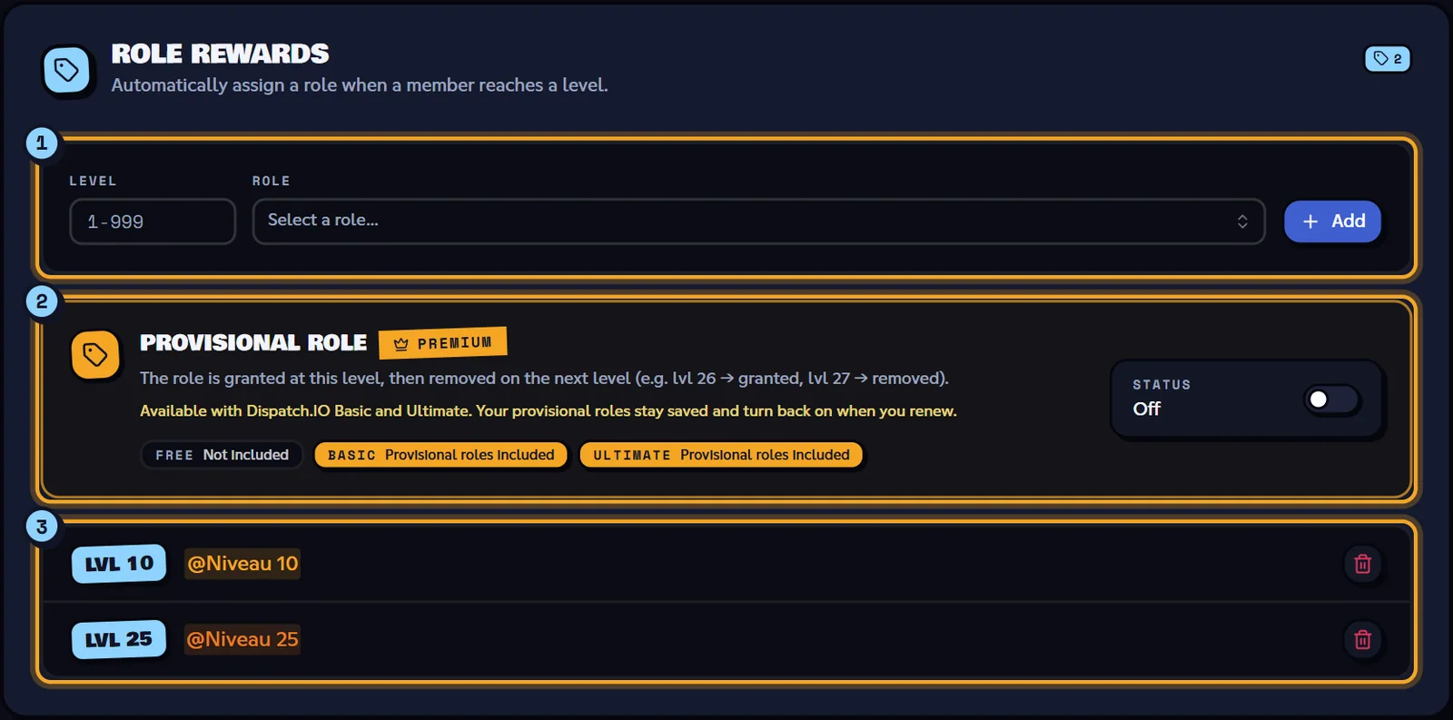 Two rewards: @Niveau 10 at level 10 and @Niveau 25 at level 25. Role rewards block with rewards at levels 10 and 25 and the Provisional role option
