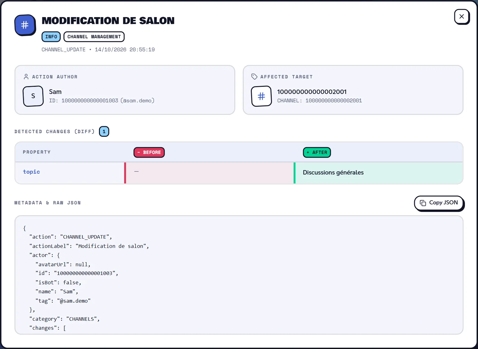 An event's details: author, target and changes. Audit log event sheet with its changes