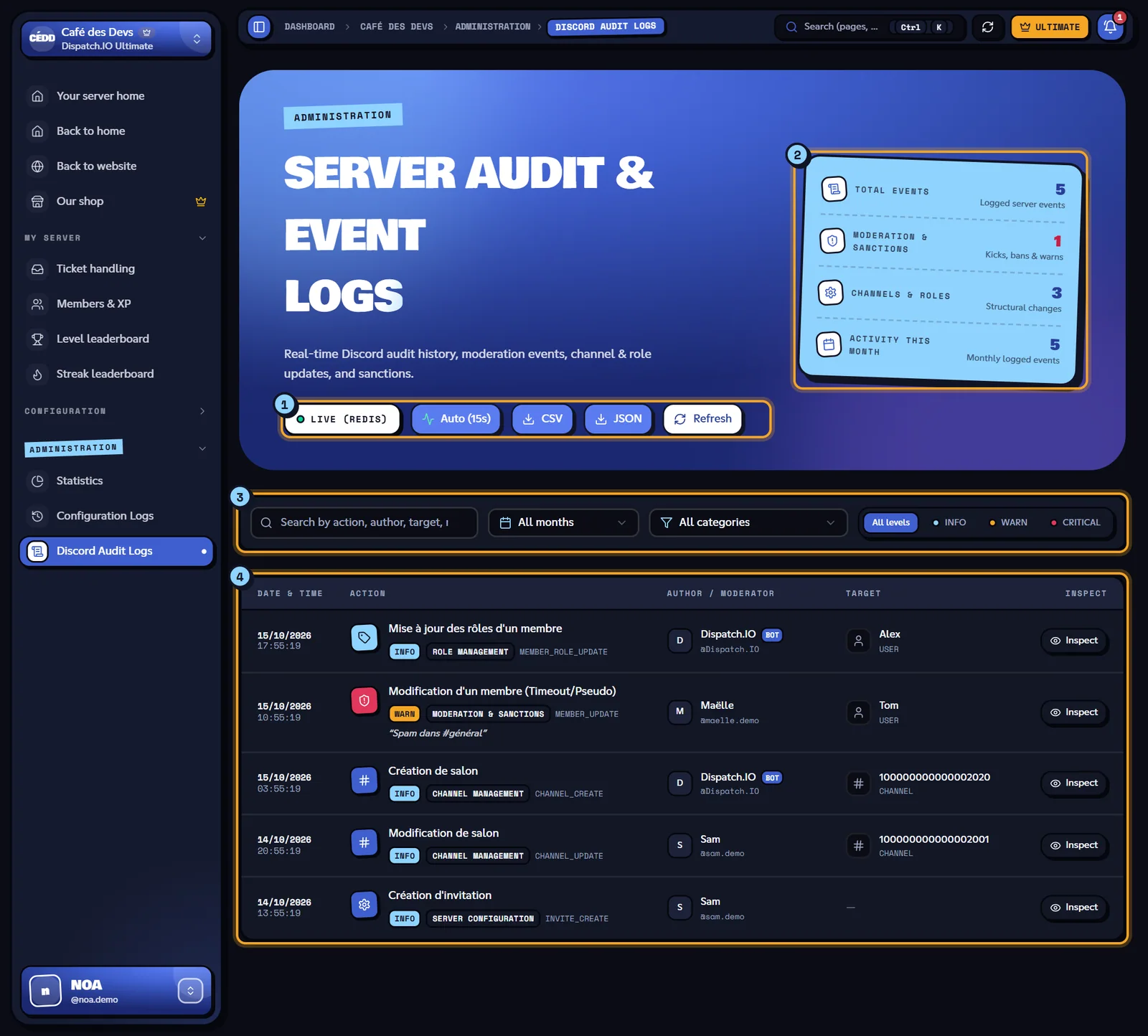 The Discord Audit Logs page. Discord Audit Logs page with several events