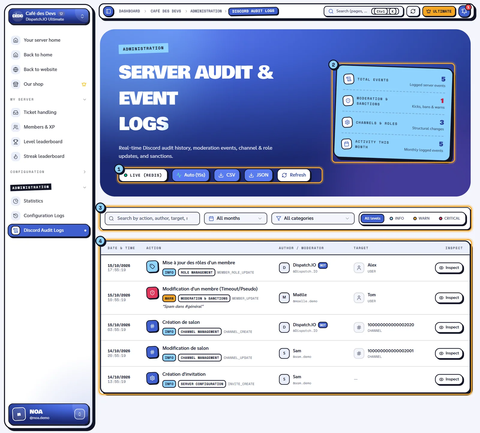 The Discord Audit Logs page. Discord Audit Logs page with several events