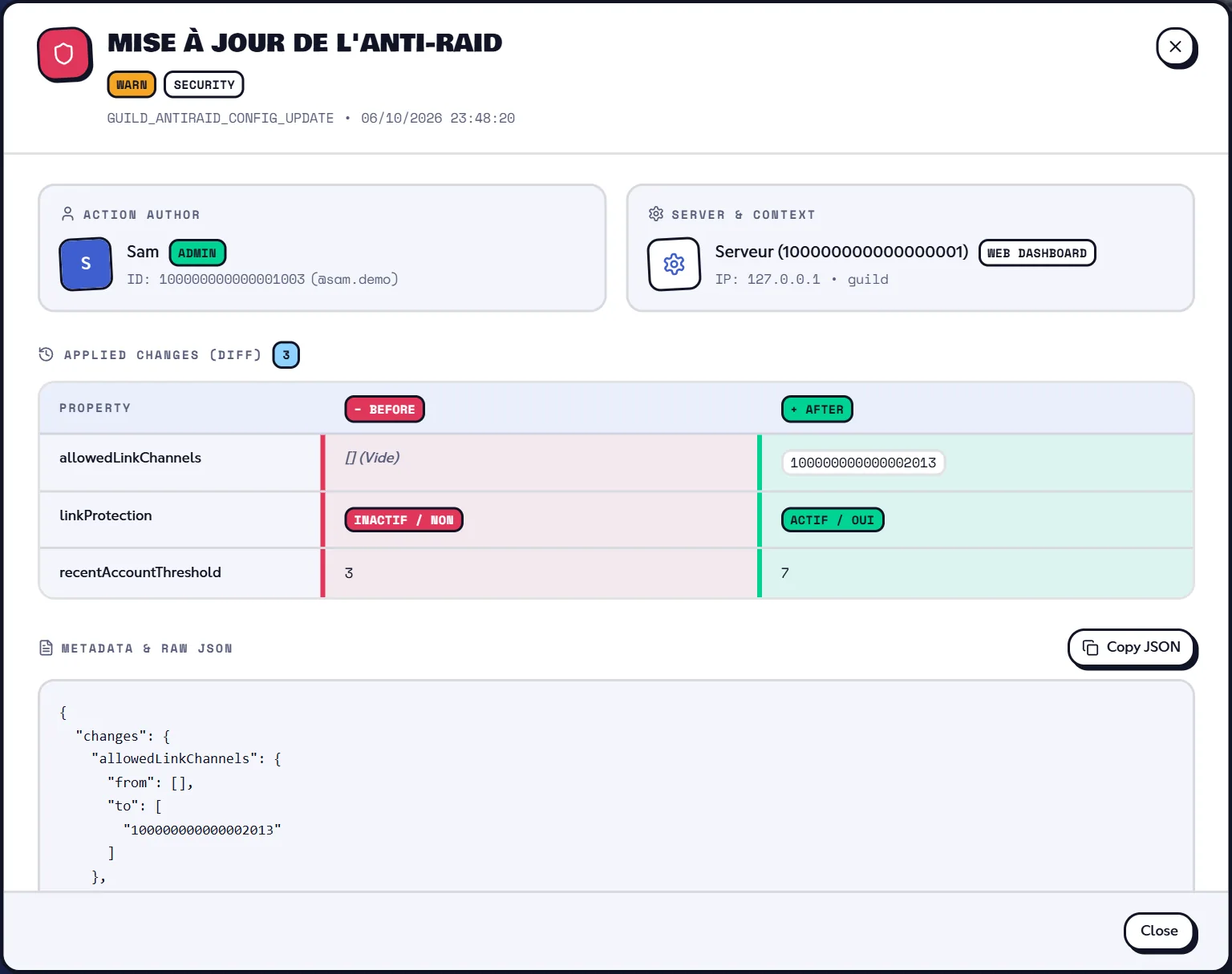 A change's details: who, what, before and after. Configuration change sheet with the before / after diff