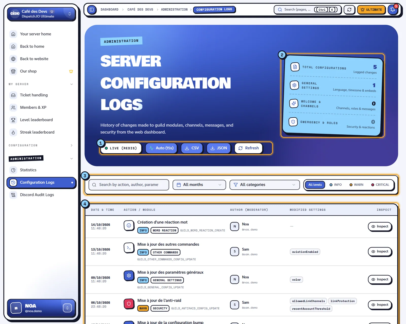 The Configuration Logs page. Configuration Logs page with several changes