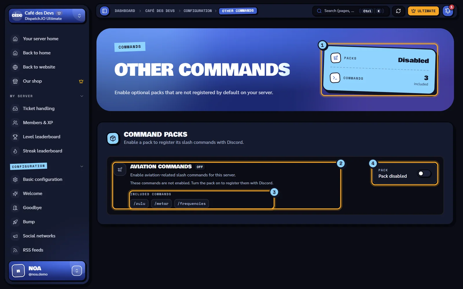 Other commands page with the Aviation commands pack