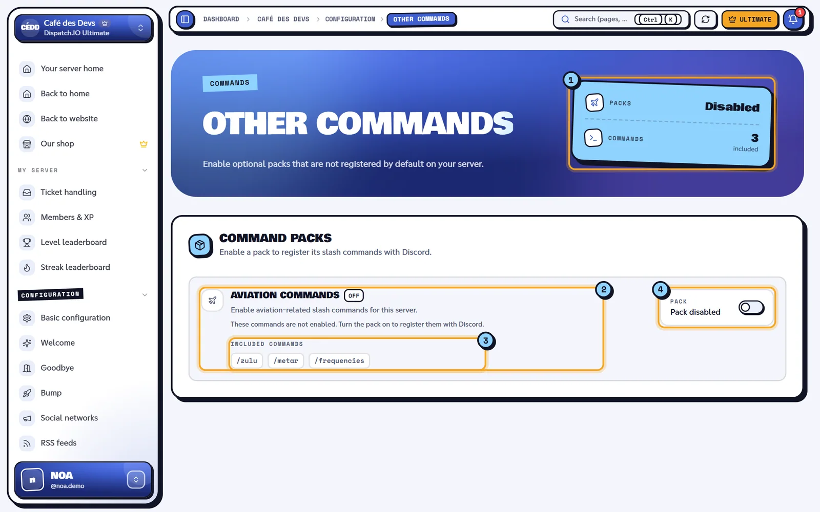 Other commands page with the Aviation commands pack