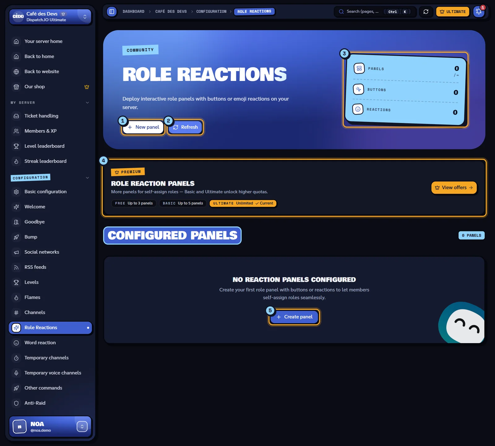 No panel yet on Café des Devs. Role Reactions page with no panel, the New panel button and the indicators