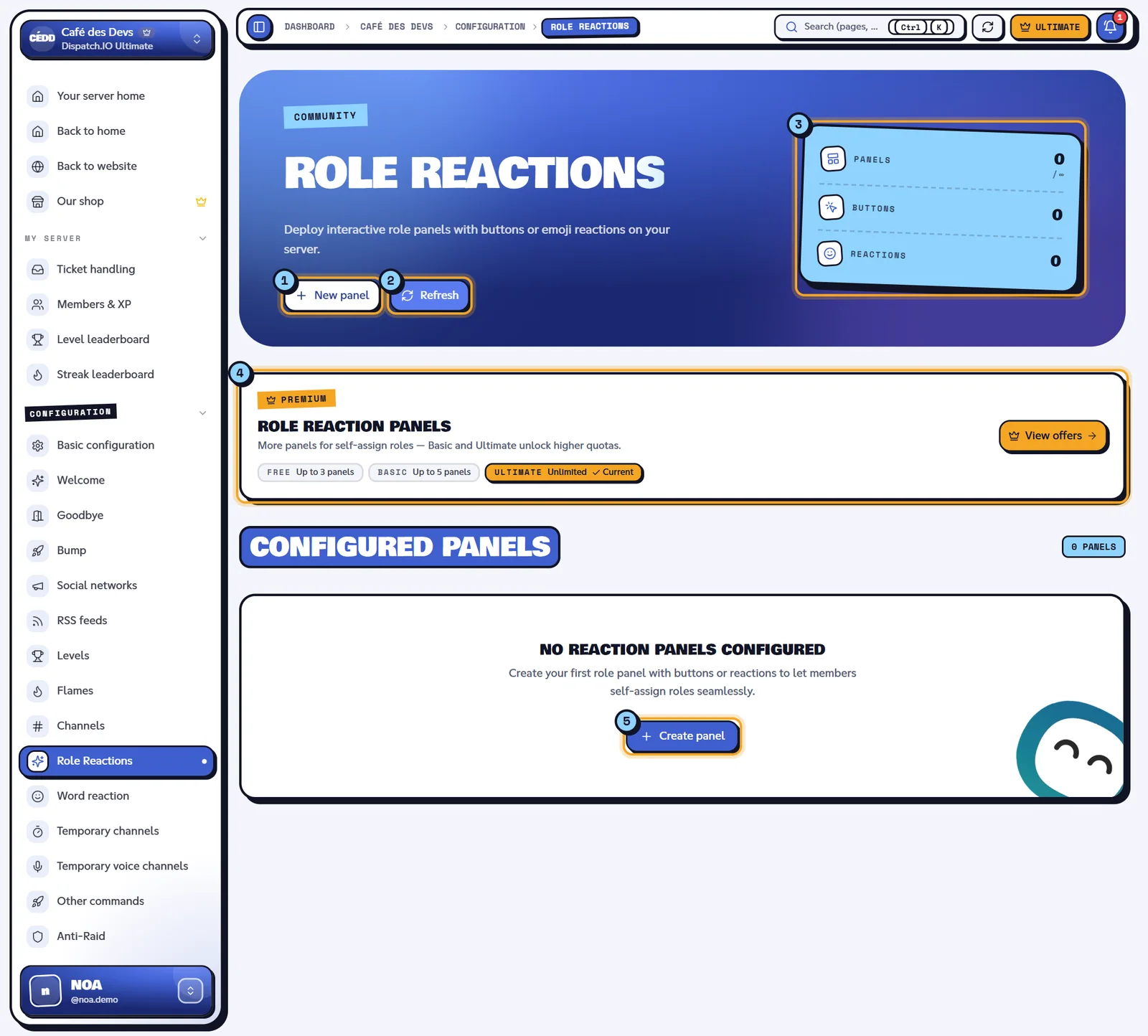 No panel yet on Café des Devs. Role Reactions page with no panel, the New panel button and the indicators