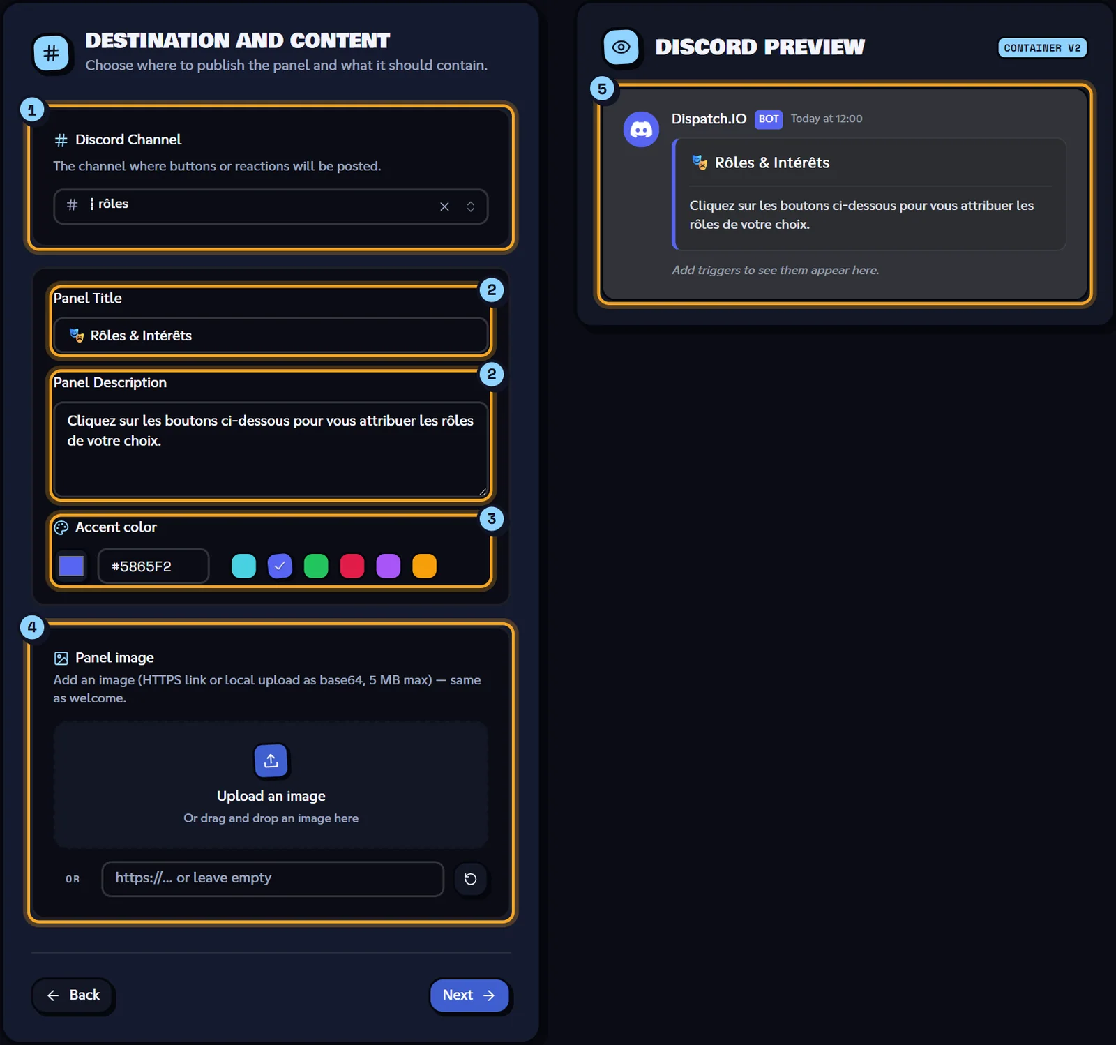 Step 2: the 🎭 Rôles & Intérêts panel in #rôles. Destination and content step with the channel, title, description, color, image and Discord preview