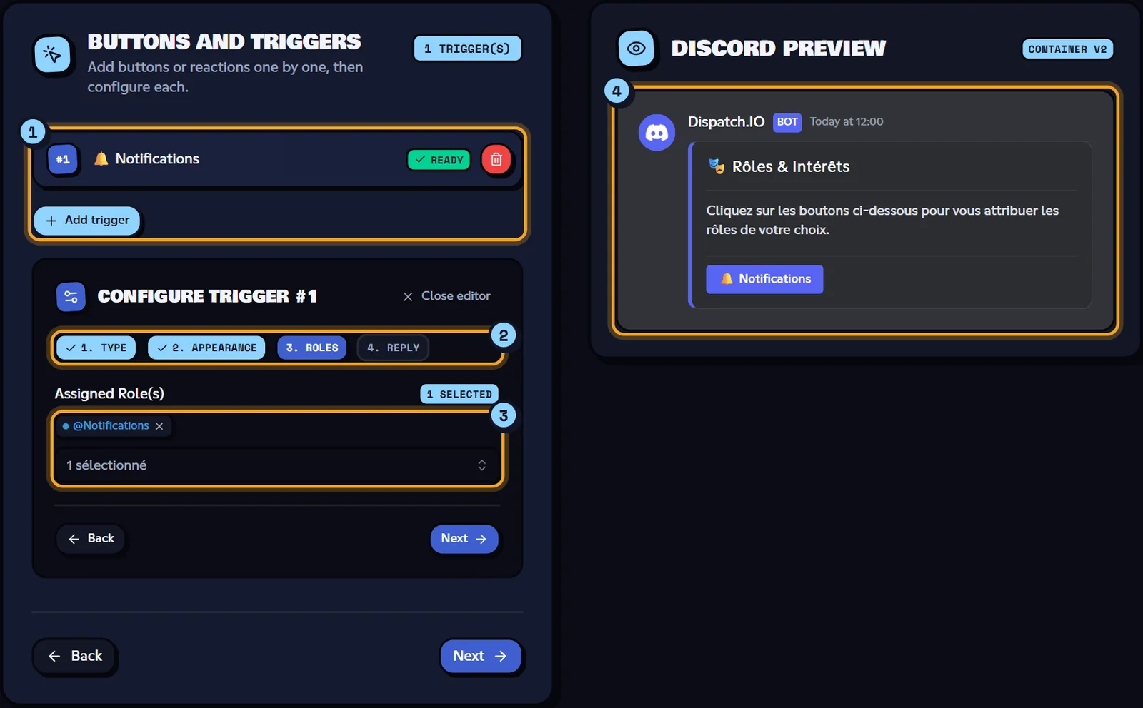 Step 3: a button that gives the @Notifications role. Triggers step with a role button being configured