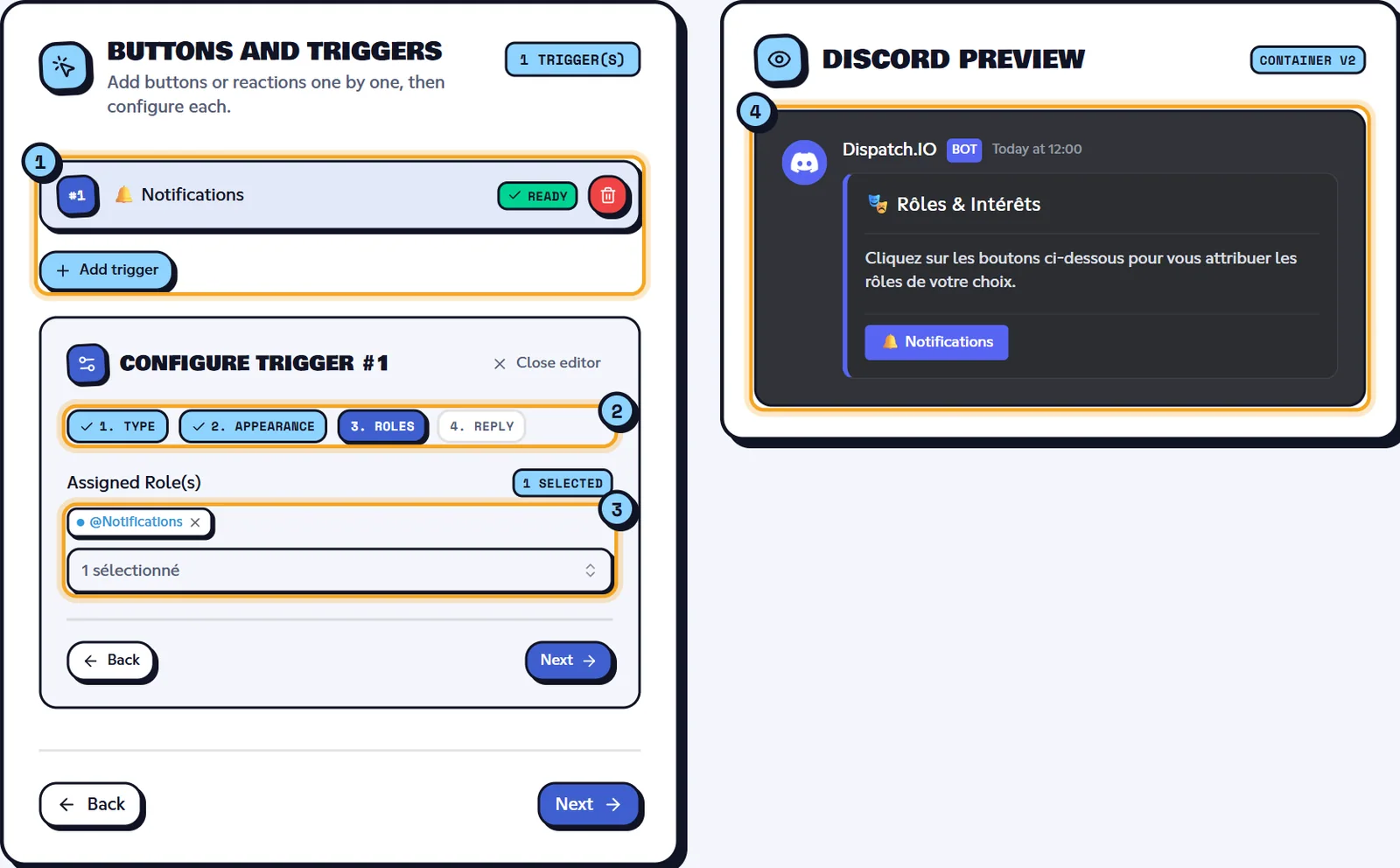 Step 3: a button that gives the @Notifications role. Triggers step with a role button being configured