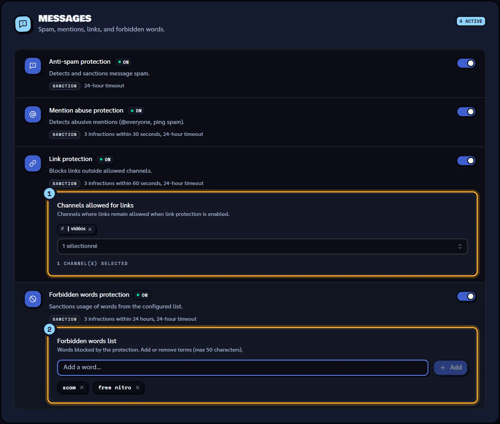 The Messages group, with link and forbidden words protections expanded. Messages group with link protection and the forbidden words list