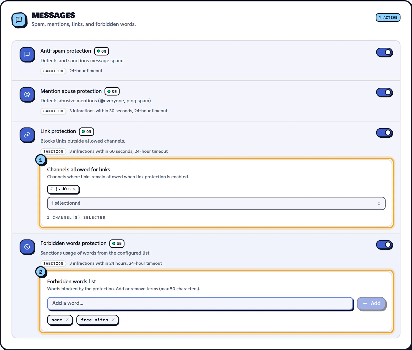 The Messages group, with link and forbidden words protections expanded. Messages group with link protection and the forbidden words list