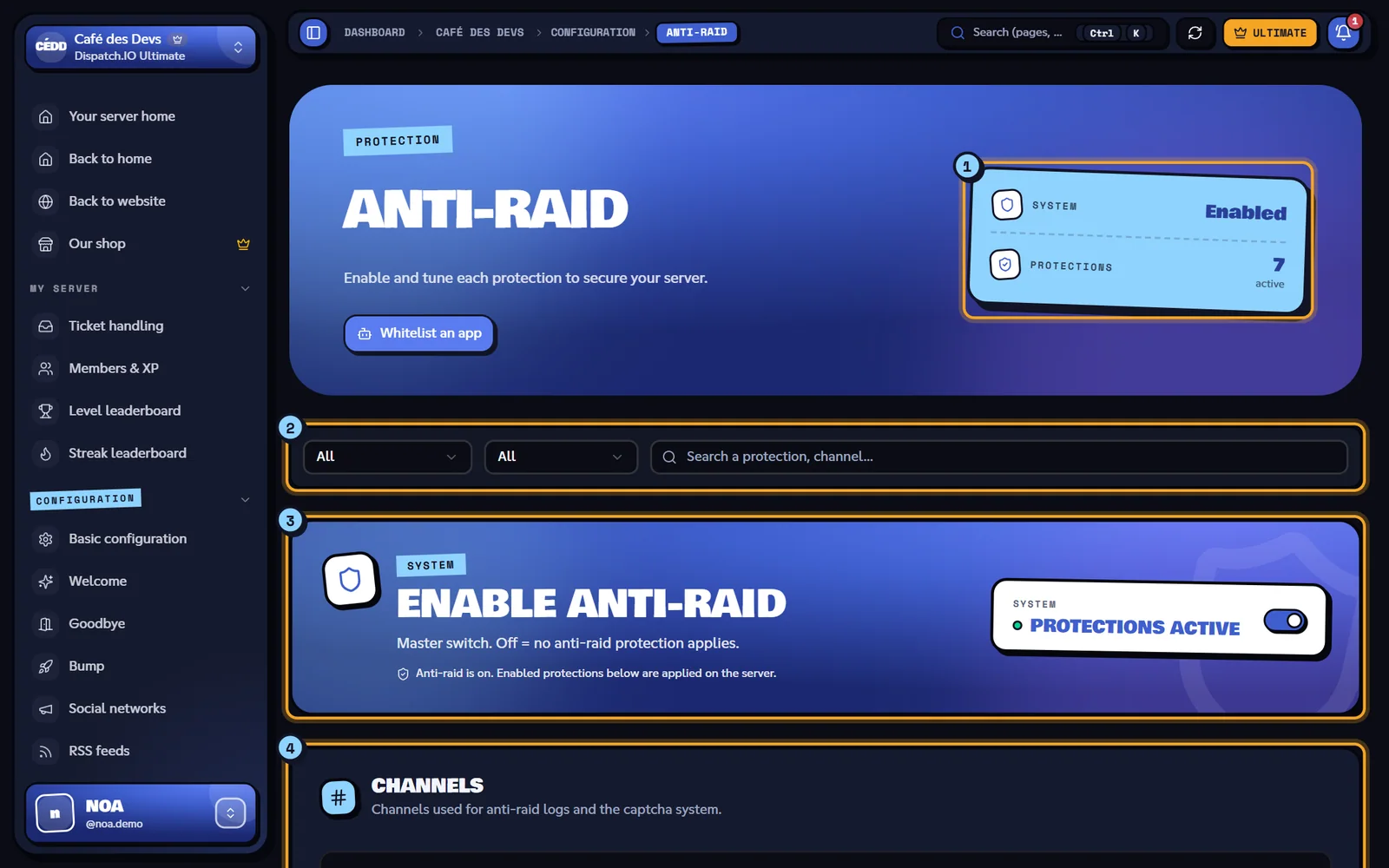 The Anti-Raid page of the Café des Devs server. Anti-Raid page with the system on and several protections