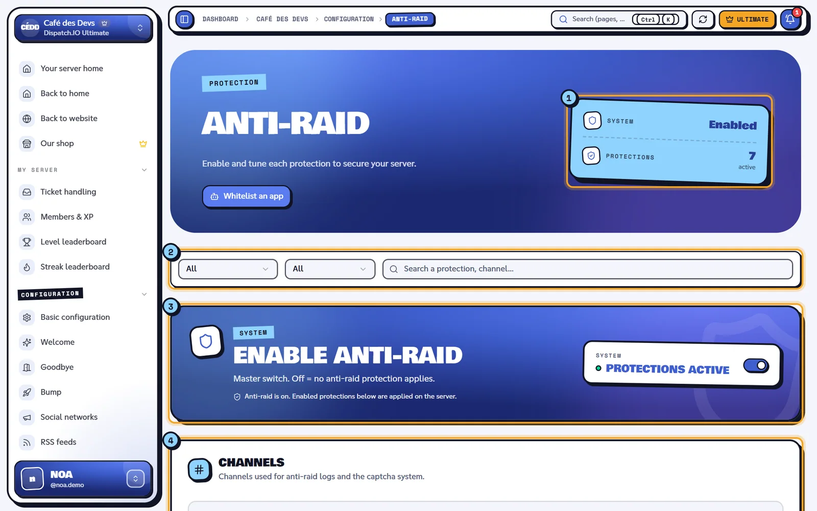 The Anti-Raid page of the Café des Devs server. Anti-Raid page with the system on and several protections