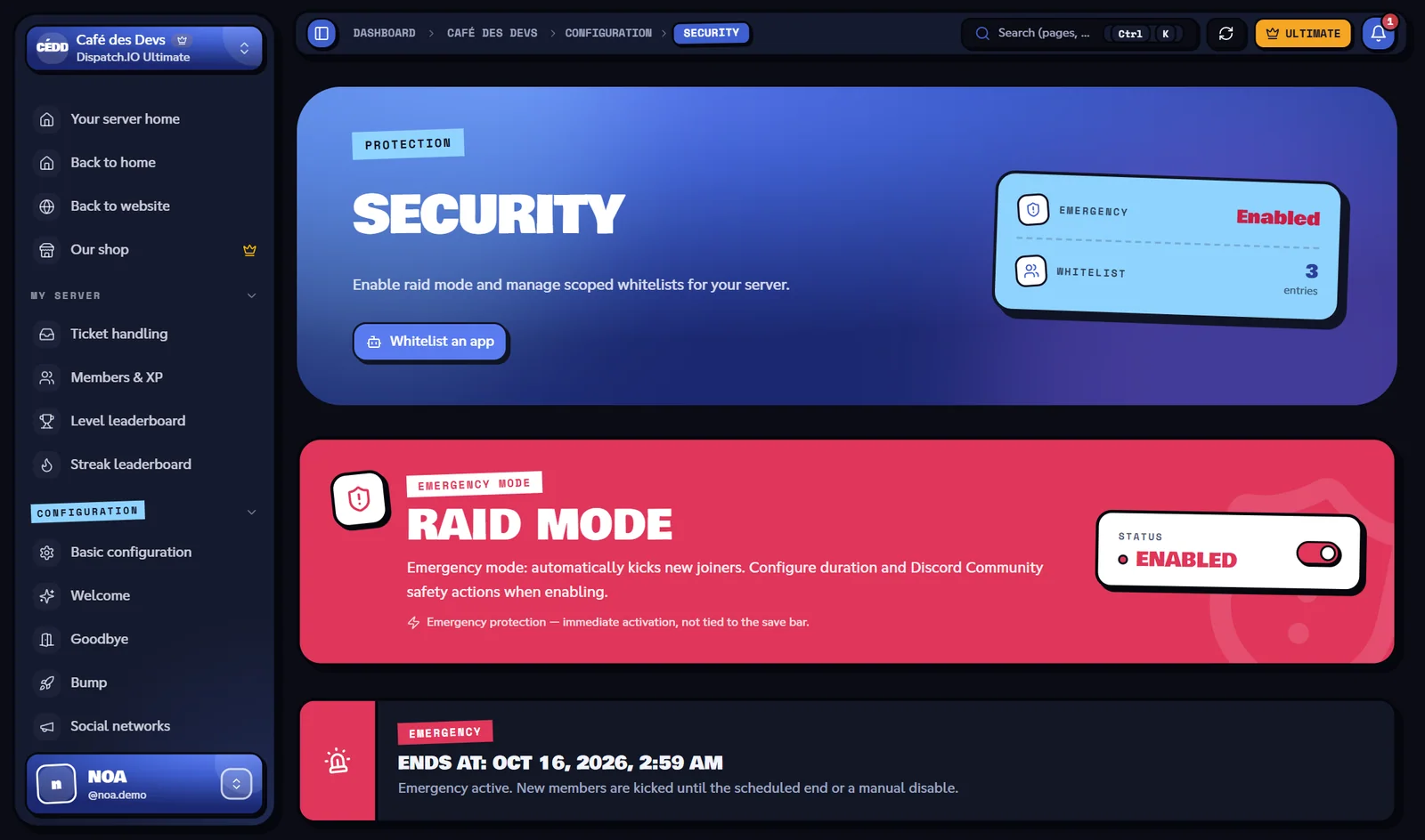 Raid mode on: the block turns red and shows the scheduled end. Security page with raid mode on
