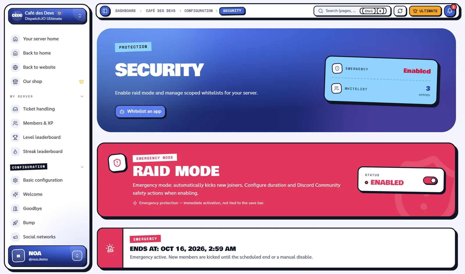 Raid mode on: the block turns red and shows the scheduled end. Security page with raid mode on