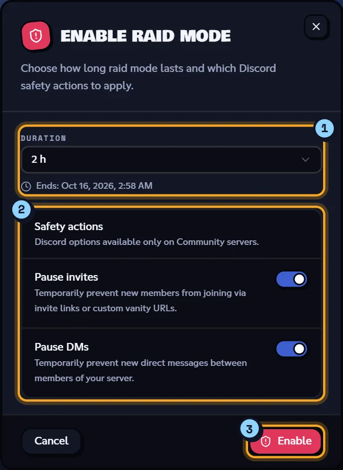 The raid mode activation dialog. Enable raid mode dialog