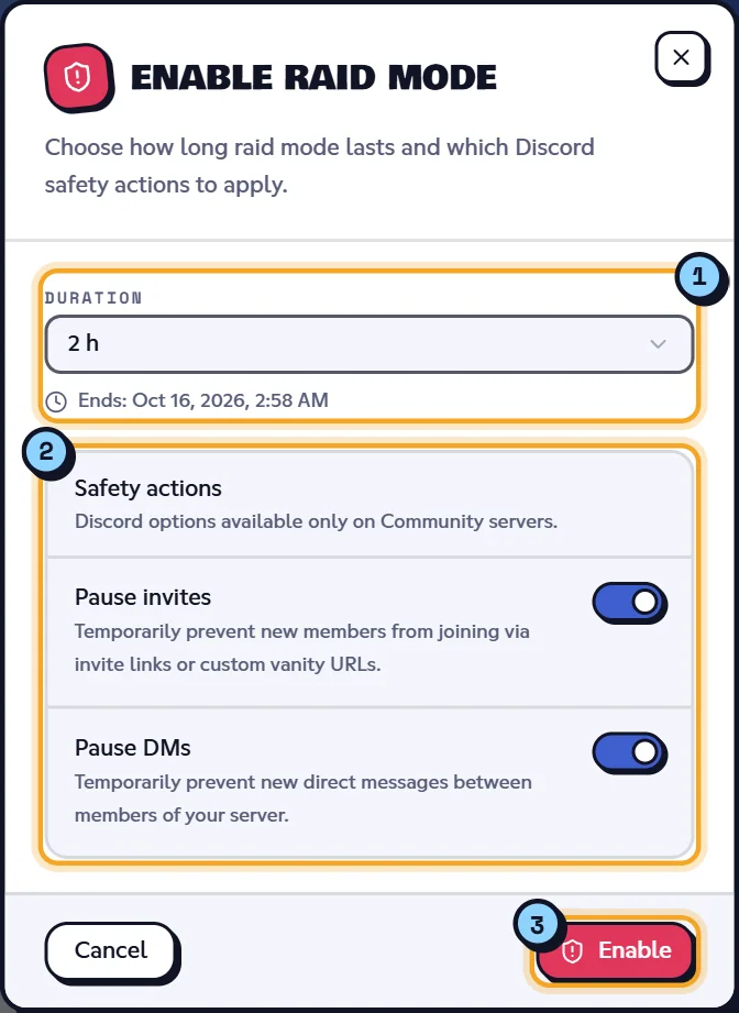 The raid mode activation dialog. Enable raid mode dialog