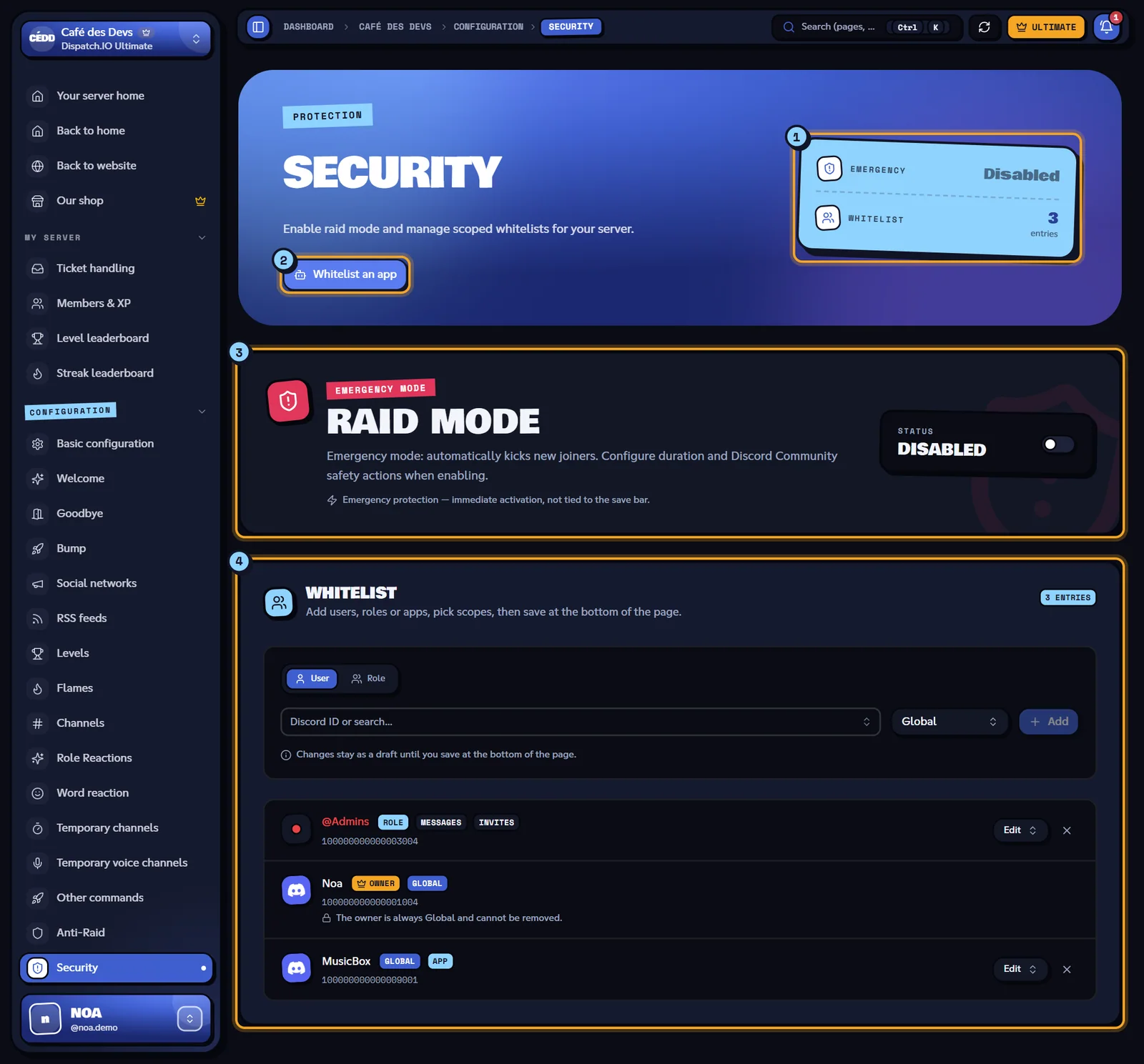 The Security page of the Café des Devs server. Security page with raid mode off and the whitelist