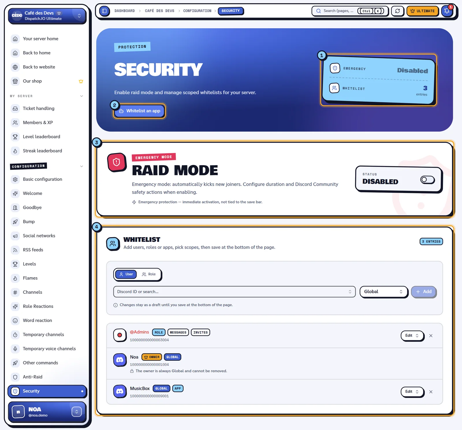 The Security page of the Café des Devs server. Security page with raid mode off and the whitelist