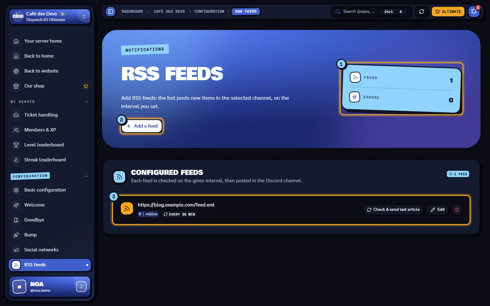 The RSS feeds page. RSS feeds page with one configured feed