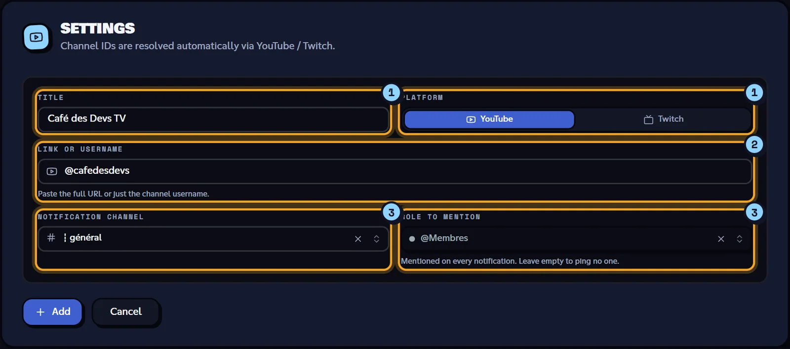 The social network editor. Add a network editor filled in for a YouTube channel