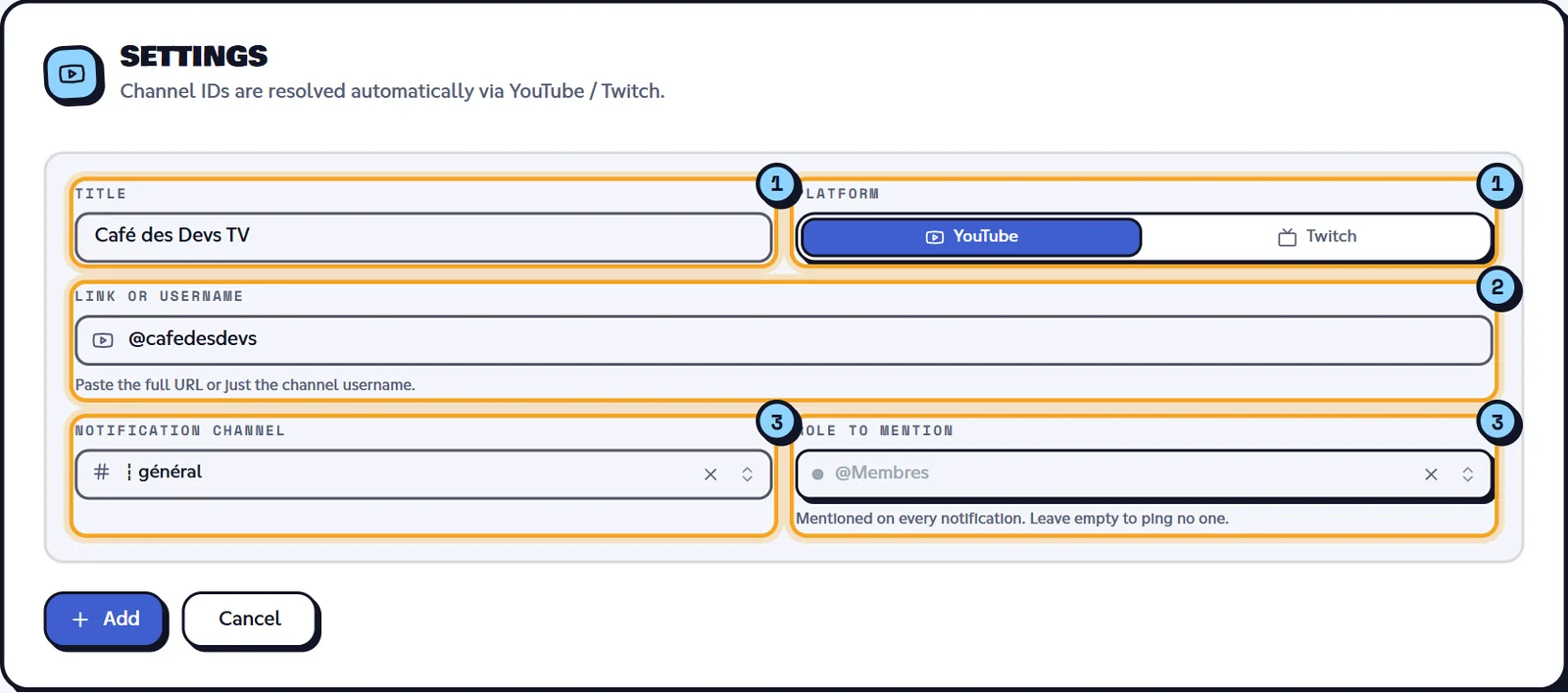 The social network editor. Add a network editor filled in for a YouTube channel