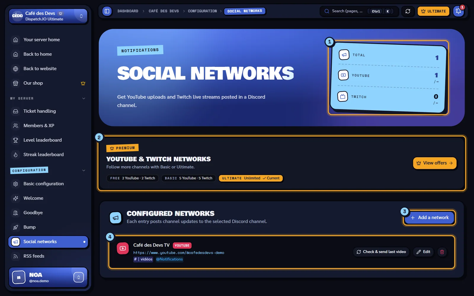 The Social networks page of the Café des Devs server. Social networks page with the Café des Devs TV YouTube channel