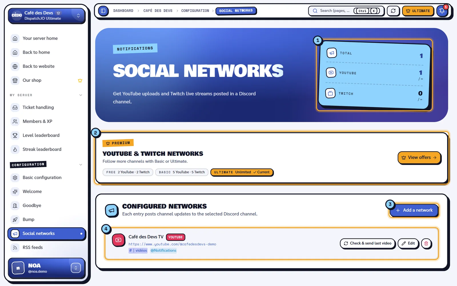 The Social networks page of the Café des Devs server. Social networks page with the Café des Devs TV YouTube channel
